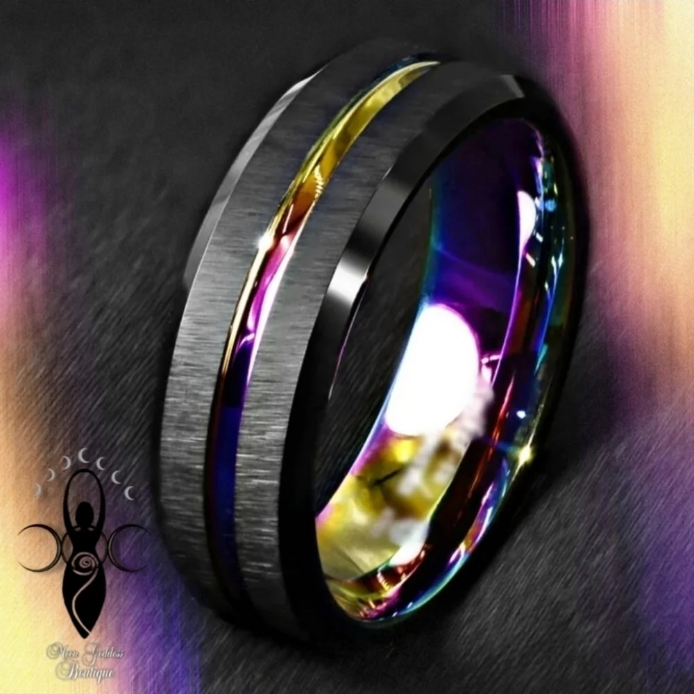 Unisex Ring ✦ Stainless Steel Rainbow Rhodium Channel ✦ Black Brushed 8mm NWT